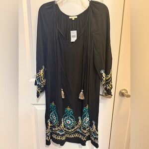 Black Embroidered Tassel V-Neck Dress